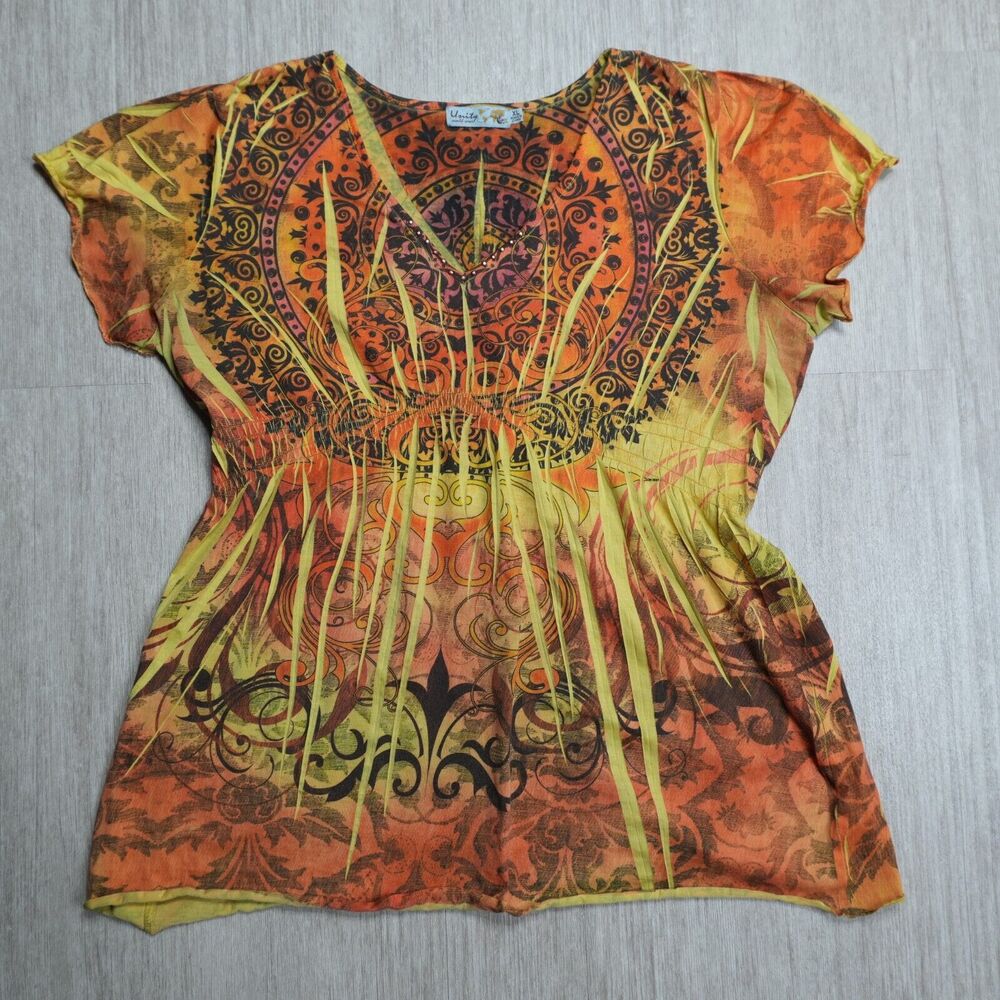 Unity World Wear Y2K Hippie Top Blouse XL Bejeweled Short Sleeve V Neck Floral